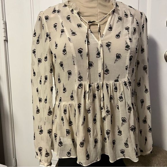 Rebecca Taylor Boho 100% Silk Chiffon Ruffle Ivory Black Floral Peasant Top S - Picture 1 of 16